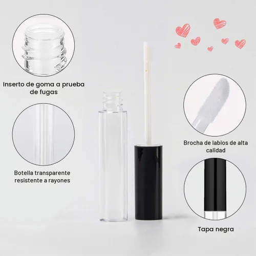 Vista 5 de GTHER 10 recipientes vacíos de brillo de labios de 0.3 onzas líquidas, tapa negra y punta de cepillo, varita aplicadora de embudo y tapones de goma