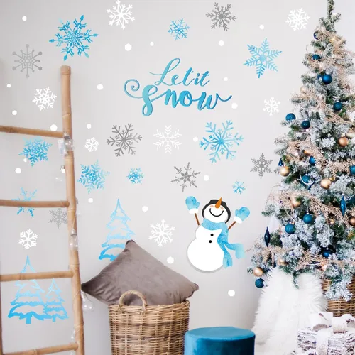 Vista 6 de Calcomanías de pared de copo de nieve de invierno, calcomanías de pared para ventana de Navidad, calcomanías de mural para decoración de fiestas