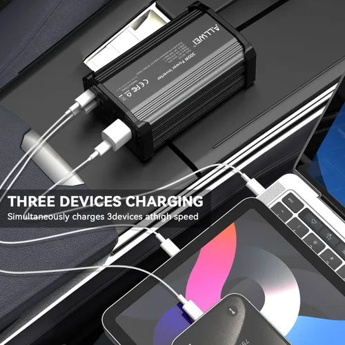 Vista 3 de ALLWEI - Inversor de corriente de 300 W, adaptador de toma de corriente con enchufe para coche, CC 12 V a CA 110 V, con cargador rápido USB-C PD