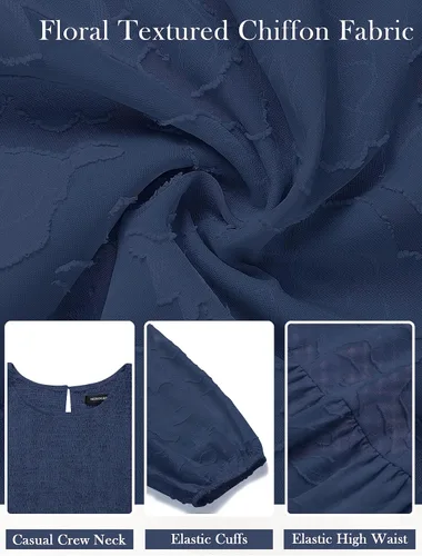 Vista 5 de MEROKEETY Vestido fruncido de manga larga para mujer 2023 con cuello redondo y textura floral, vestidos midi escalonados