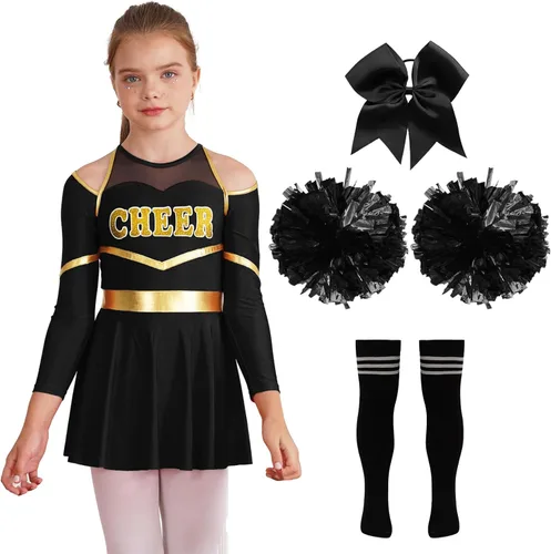 Vista 3 de TSSOE Uniforme de animadora para niñas, vestido de leotardo de manga larga, traje de animadora líder
