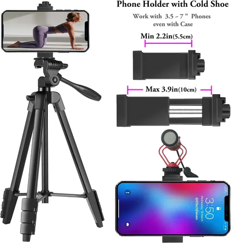 Vista 4 de Trípode de cámara de 55 pulgadas con bolsa de viaje, trípode para teléfono celular con control remoto, soporte de trípode de viaje portátil