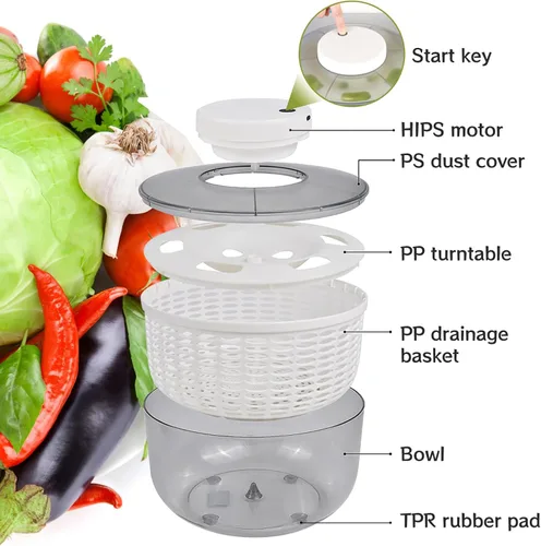Vista 2 de Hilandero eléctrico de ensalada, hilandero de lechuga 6L, secador de verduras de ensalada grande Lavadora de ensalada de frutas secadora giratoria