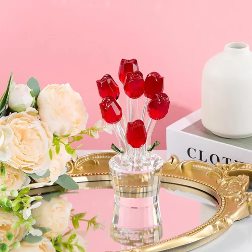 Vista 3 de Movdyka Figura de cristal de rosa roja con florero, ramo de flores, adorno de regalo para esposa, novia, mujer, flor de cristal hecha a mano