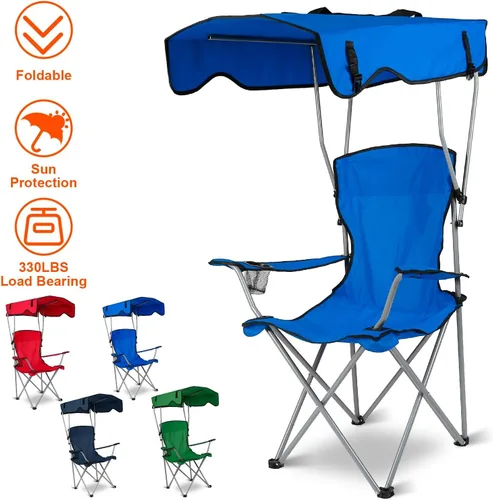 Vista 3 de TeqHome Silla de camping con toldo de sombra, silla de césped plegable resistente con capacidad máxima de 330 libras, silla de playa portátil
