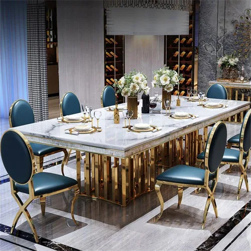 Vista 3 de LAKIQ Mesa de comedor de mármol de estilo lujoso, mesa rectangular moderna para cocina, comedor, mesa de metal dorado, solo sin sillas