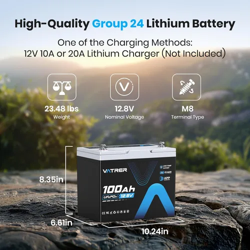Vista 2 de Batería de litio de ciclo profundo de 12 V y 100 Ah Grupo 24, batería recargable LiFePO4 con BMS de 100 A, protección de corte de temperatura