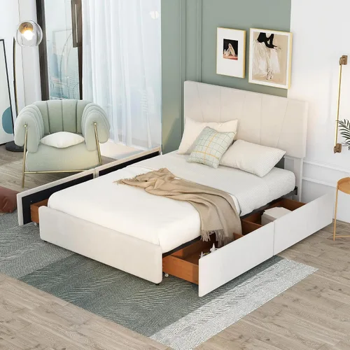 Vista 3 de SOFTSEA Marco de cama tapizado completo con 4 cajones, marco de cama de plataforma de terciopelo con cabecera ajustable