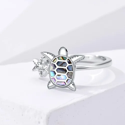 Vista 3 de SLIACETE Anillo de tortuga con estrella de mar de plata de ley 925 con anillo de tortuga para mujeres, talla 7, no conocido
