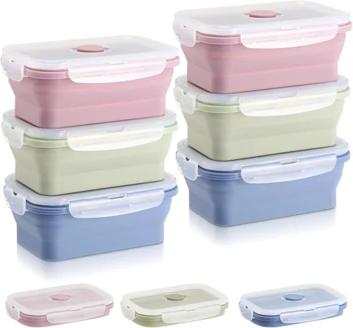 Vista 9 de Mifoci 6 recipientes de silicona para alimentos, contenedores plegables de almacenamiento de alimentos con tapas herméticas, apilables