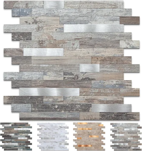 Vista 11 de Midcard Azulejos adhesivos para salpicaduras de 10 hojas, azulejos para cocina, baño, lavandería, cámper, chimenea. 20Trapezoidal Negro Gris Madera