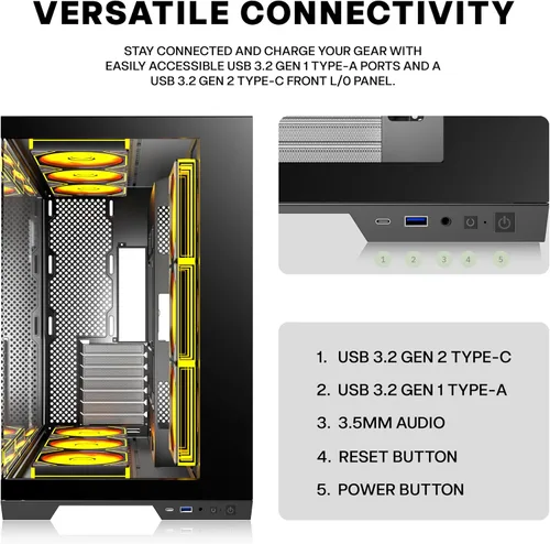 Vista 6 de PC CASE 9 PWM ARGB Ventiladores preinstalados, funda de PC para juegos de media torre, carcasa panorámica de vidrio templado para computadora