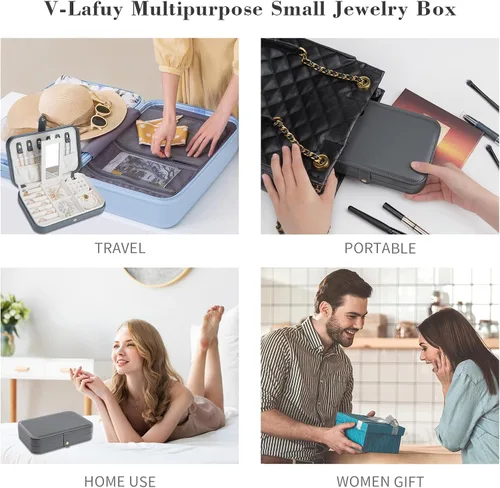 Vista 6 de V-LAFUY Caja de Joyería de Viaje para Mujeres, Organizador de Joyería de Viaje, Organizador de Joyería Pequeño Portátil de 2 Niveles para Aretes