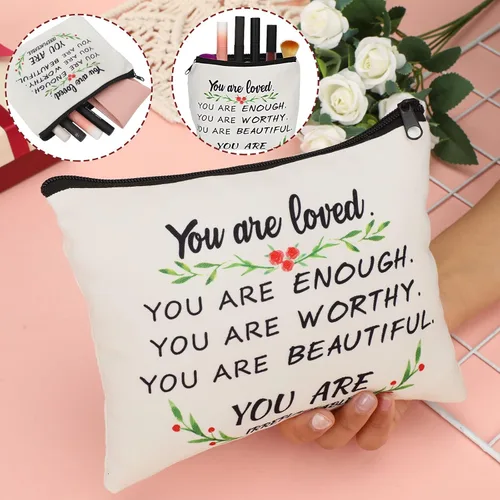 Vista 4 de Pinkunn 10 bolsas de cosméticos inspiradoras para niñas, regalos de la semana de CNA a granel You Are Loved You Are Suficiente, bolsa de cosméticos