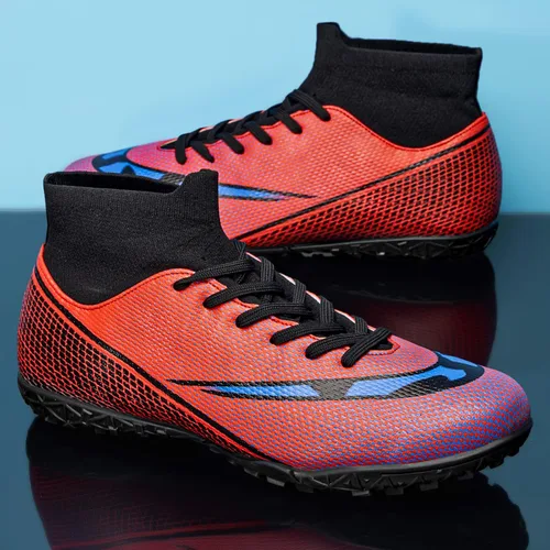 Vista 5 de Qzzsmy Tacos de fútbol para hombre y mujer, zapatos de fútbol profesionales FgAg de caña alta para interiores y exteriores, competición