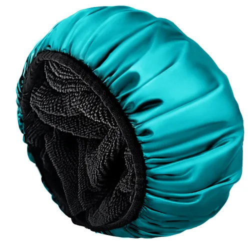 Vista 20 de Aquior Gorro de ducha con forro de rizo para mujer, reutilizable, triple capa impermeable, extra grande para mujeres de pelo largo (negro)