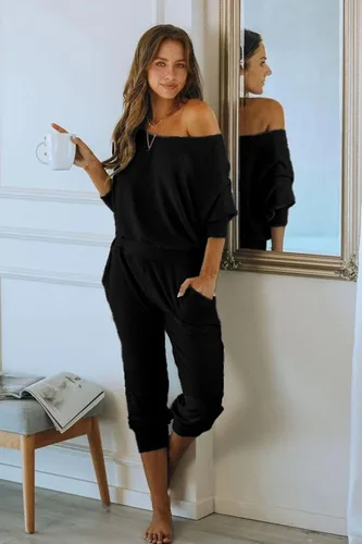 Vista 4 de PRETTYGARDEN Conjunto deportivo acanalado de 2 piezas para mujer, hombros descubiertos, manga larga, pantalones largos con bolsillos