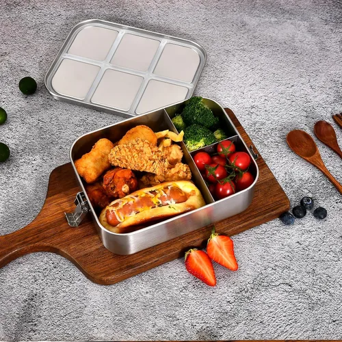 Vista 6 de UPTRUST Fiambrera Bento de acero inoxidable, 3 compartimentos, caja Bento de metal grande de 47.3 fl oz para niños o adultos, contenedor con clips