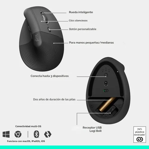 Vista 7 de Logitech Wave Keys & Lift - Combo ergonómico de teclado y mouse inalámbricos, con reposamanos acolchado, fácil de cambiar, Bluetooth, para sistema