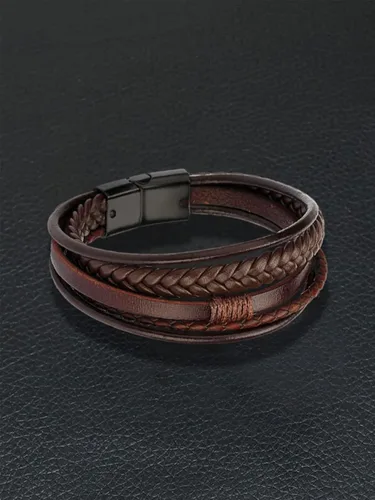 Vista 6 de Pulseras de cuero para hombre, pulseras de cuero trenzado multicapa con cierre magnético, pulsera ajustable para niños