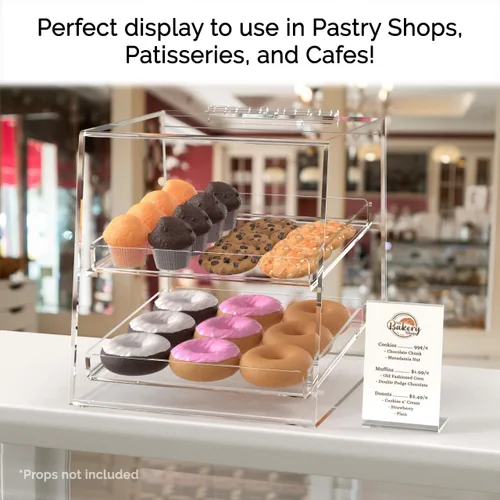 Vista 4 de Marketing Holders Cubo de exhibición de pastelería con puerta de 10.25 x 11.5 x 11 pulgadas para productos horneados con 2 bandejas extraíbles