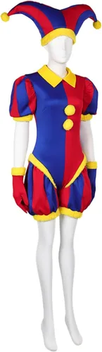 Vista 4 de Disfraz de circo Pomni de payaso Pomni, overol para cosplay, gorro, guantes, traje de bufón mágico para Halloween para adultos y niños
