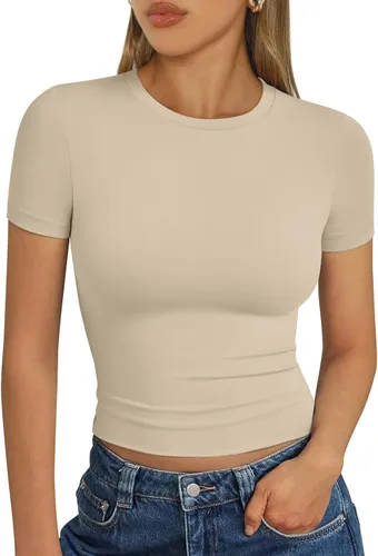 Vista 22 de Trendy Queen - Camisetas básicas para mujer, camisetas de verano 2025, de manga corta, ajustadas, para gimnasio, entrenamiento, ropa estilo Y2K