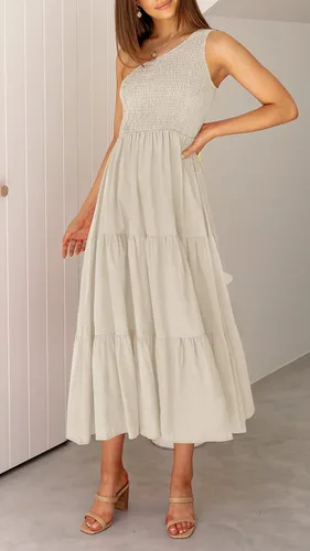 Vista 9 de ZCSIA - Vestido de verano bohemio para mujer, con un hombro descubierto, sin mangas, unicolor, largo debajo de la rodilla y con holanes escalonados