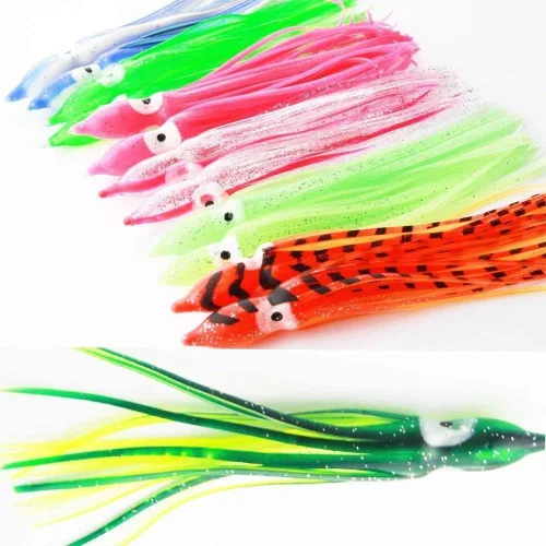 Vista 2 de Juego de 50 señuelos de pesca de pulpo de plástico suave brillante para pesca de agua salada, señuelos de pesca suaves para lubina, salmón, trucha