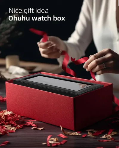 Vista 8 de Ohuhu Fundas de reloj para hombres, caja de reloj de piel sintética con 6 ranuras, tapa de cristal real, organizador de joyas, almacenamiento