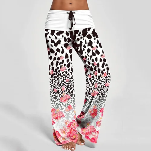Vista 2 de Women Wide Leg Pants Stretchy Drawstring Waist Yoga Pants Vintage Print Pilates Pants Mid Waist Workout Running Leggings