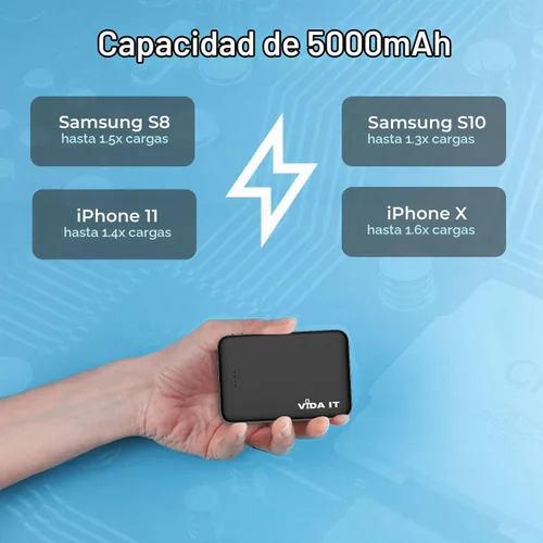 Vista 5 de Vida IT Mini cargador portátil de 5000 mAh para iPhone Samsung celular con doble salida USB, batería recargable ligera de 5 V 2.1 A para viajes