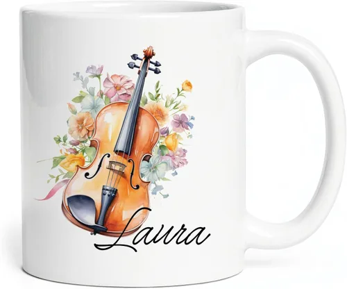 Vista 15 de Taza personalizada para músico 2023, taza de violín personalizada con nombre, violín y notas musicales, taza de cerámica de 11 oz y 15 onzas, taza