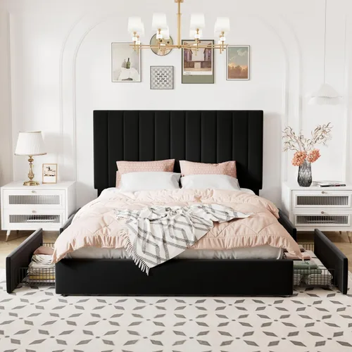 Vista 3 de Allewie Base de cama de almacenamiento de tamaño matrimonial, cabecera ajustable capitoné de canal vertical, plataforma tapizada de terciopelo con 4