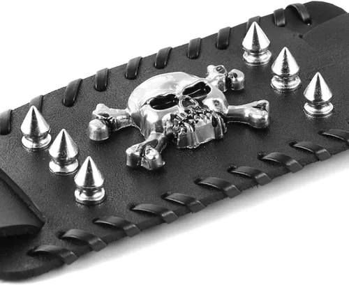 Vista 6 de Negro remaches de metal tachuelas punk rock biker cinturón ancho cuero pulsera guardia correa de muñeca calavera