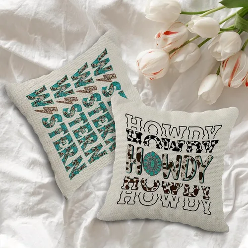 Vista 3 de Juego de 4 fundas de almohada retro occidentales con estampado de vaquera Howdy Rodeo Leopardo, turquesa, 18 x 18 pulgadas, regalos para niñas
