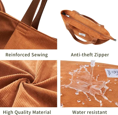 Vista 4 de KALIDI - Bolsa de pana para mujer, con cremallera, casual, de gran capacidad, con bolsillos