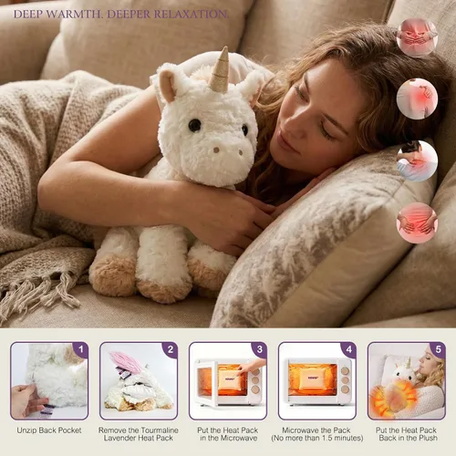 Vista 3 de KOWSI® AI ChatGPT - Peluche interactivo de unicornio parlante, 1.4 libras, calentable para microondas con almohadilla térmica de turmalina lavanda
