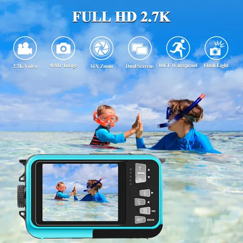 Vista 2 de Cámara impermeable de 10 pies doble pantalla selfie impermeable cámara digital compacta 48MP cámara submarina para esnórquel 2.7K Full HD grabadora