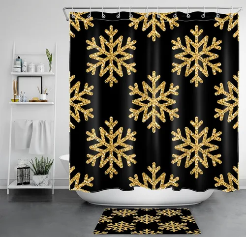 Vista 11 de LB Cortina de ducha de Feliz Navidad, bola de Navidad blanca y dorada sobre cortina de ducha negra para baño, 60 x 72 pulgadas, tela de poliéster