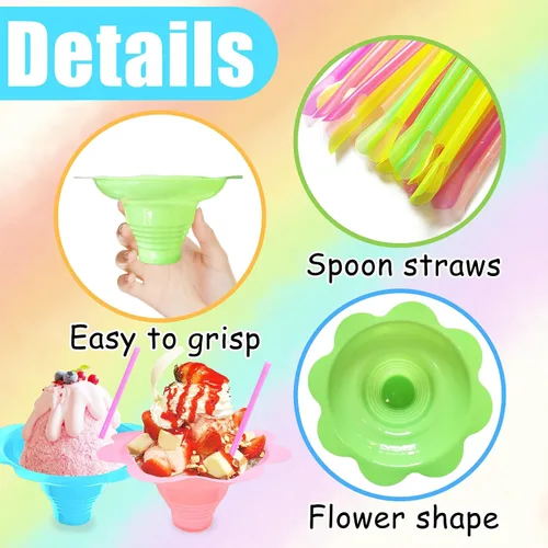 Vista 3 de Juego de 200 tazas coloridas de cono de nieve de 4 onzas con 100 popotes de cuchara y 100 tazas, vasos de plástico reutilizables para goteo de hielo