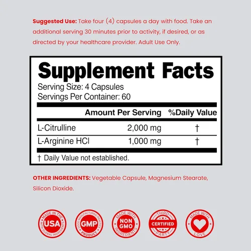 Vista 6 de L Arginine L Citrulina Suplemento 3000 mg (240 cápsulas) Pastillas de óxido nítrico para hombres – Resistencia, aguante, rendimiento