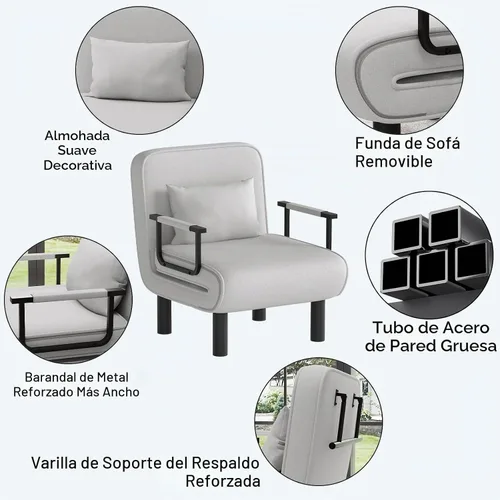 Vista 7 de Furniliving Sofá cama plegable 4 en 1, silla convertible con respaldo ajustable de 6 posiciones, tumbona tapizada con almohada, sillas decorativas