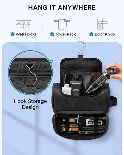 Vista 6 de Elviros - Neceser de aseo personal para hombre, organizador de viaje de cuero PU, con gancho para colgar, bolsas de afeitado para el baño de gran