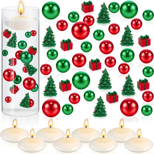 Vista 10 de 124 piezas de perlas de relleno de jarrón de Navidad para relleno de florero, decoración de mesa de Navidad, centro de mesa con 8 velas flotantes