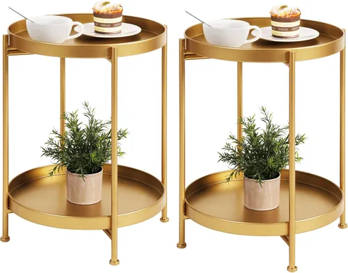 Vista 14 de Tiita 2 Pack Mesa Auxiliar Redonda Mesa de Centro Mesa Lateral de 2 Niveles Mesa de Noche/Mesa de Acento Pequeña de Hierro Mesa de Café para Sala