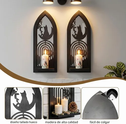 Vista 7 de ZEXUIRU Juego de 2 candelabros rústicos para sala de estar, dormitorio, entrada, espejo de madera, granja, marco tallado para montaje en pared