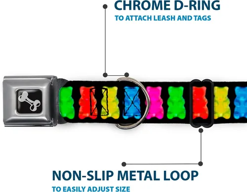 Vista 5 de Buckle-Down Collar de perro con hebilla de cinturón de seguridad, osos gomitas, negro/multicolor, 1.5 pulgadas de ancho, se adapta a cuello de 13-18