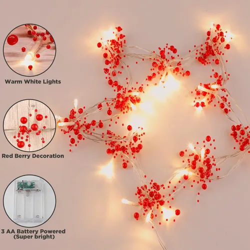 Vista 2 de Mosoan Guirnalda de 30 luces LED de Navidad de 10 pies, funciona con pilas, 2 modos de luz, guirnalda de bayas rojas iluminadas para árbol