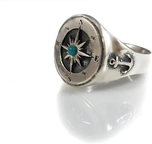 Vista 3 de Anillo de sello de brújula turquesa natural plata esterlina 925 (14.5), Plata